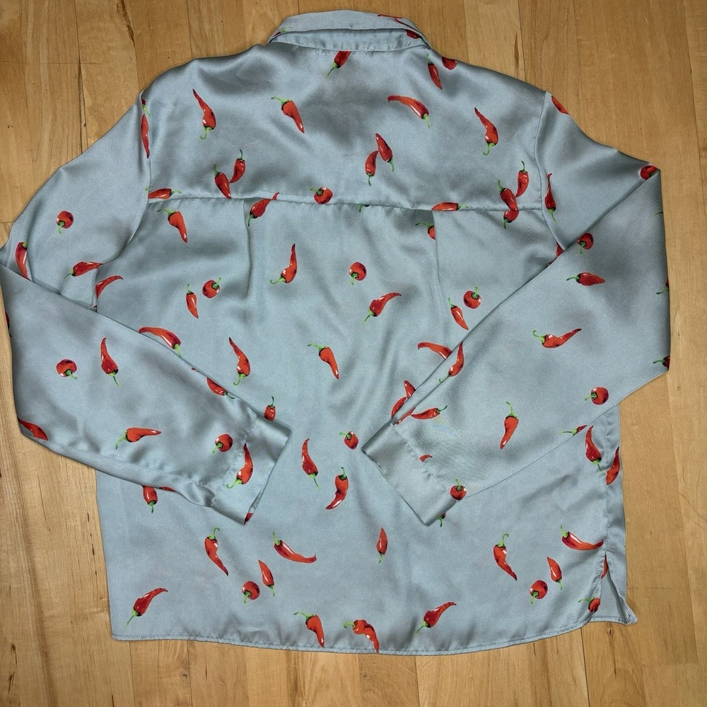 Zara Basic Blouse Women Large Sage Chili Pepper Button Down Foodie Kitsch Whimsy - Picture 7 of 8